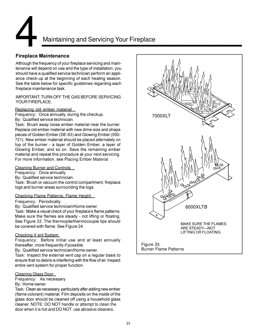 Heat & Glo LifeStyle 7000XLT manual Fireplace Maintenance, Important Turn OFF the GAS Before Servicing Your Fireplace 