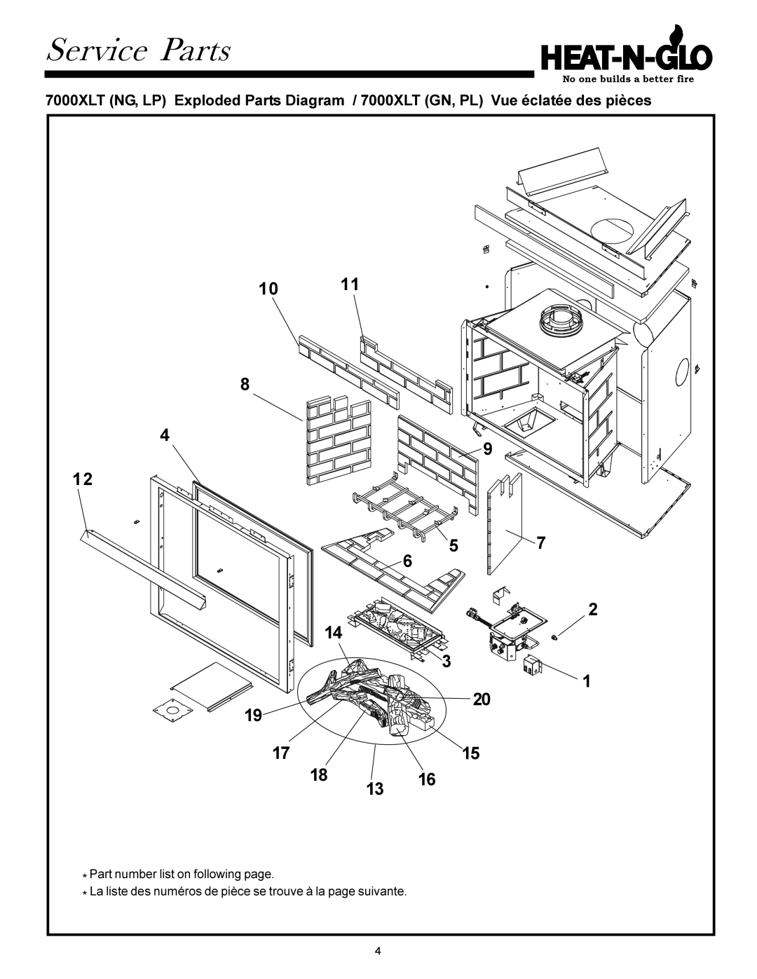 Heat & Glo LifeStyle 7000XLT manual Service Parts 