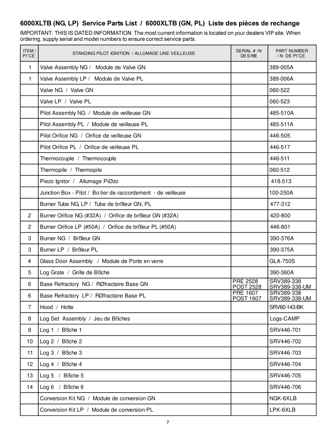 Heat & Glo LifeStyle 7000XLT manual NGK-6XLB 