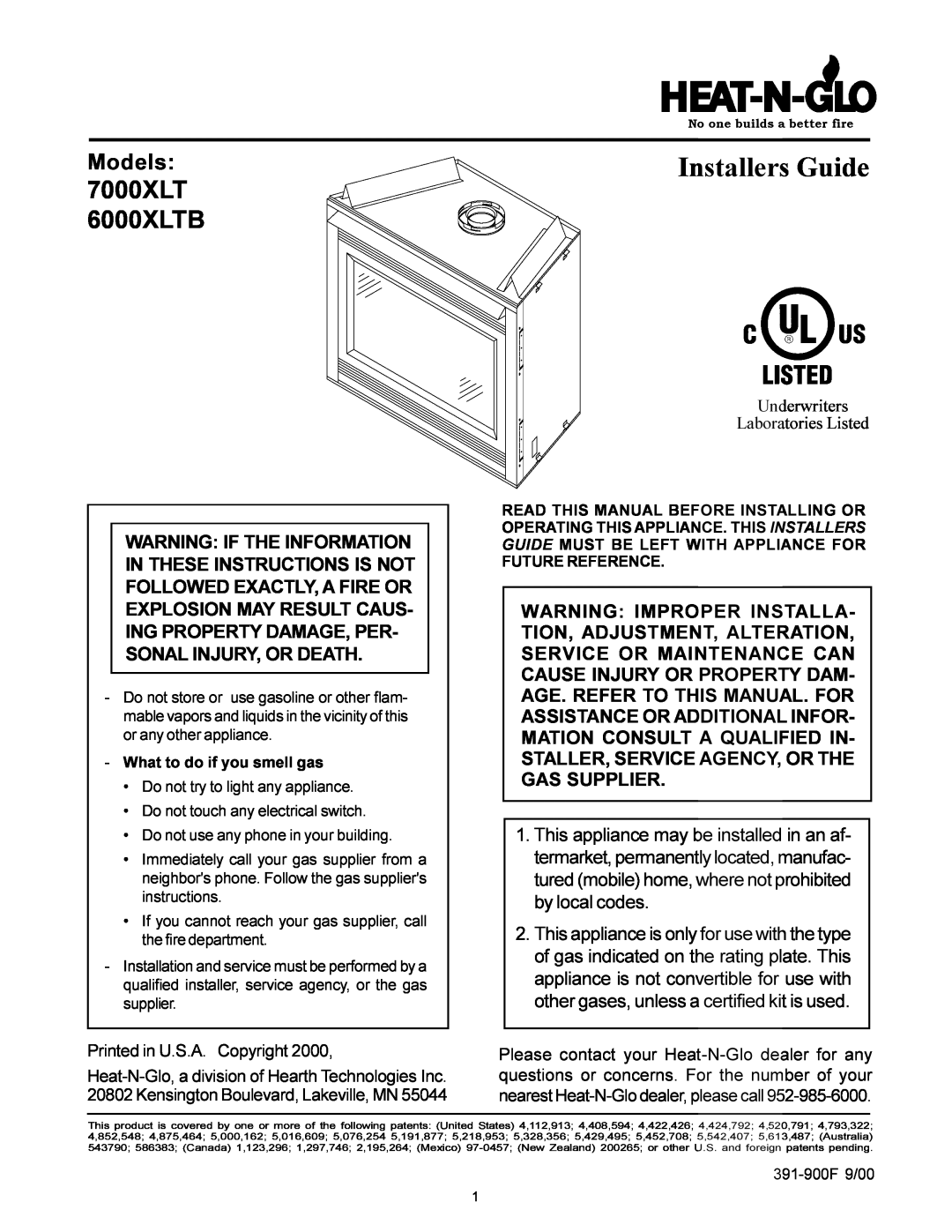 Heat & Glo LifeStyle 7000XLT manual Models, Underwriters Laboratories Listed, Installers Guide, 6000XLTB 