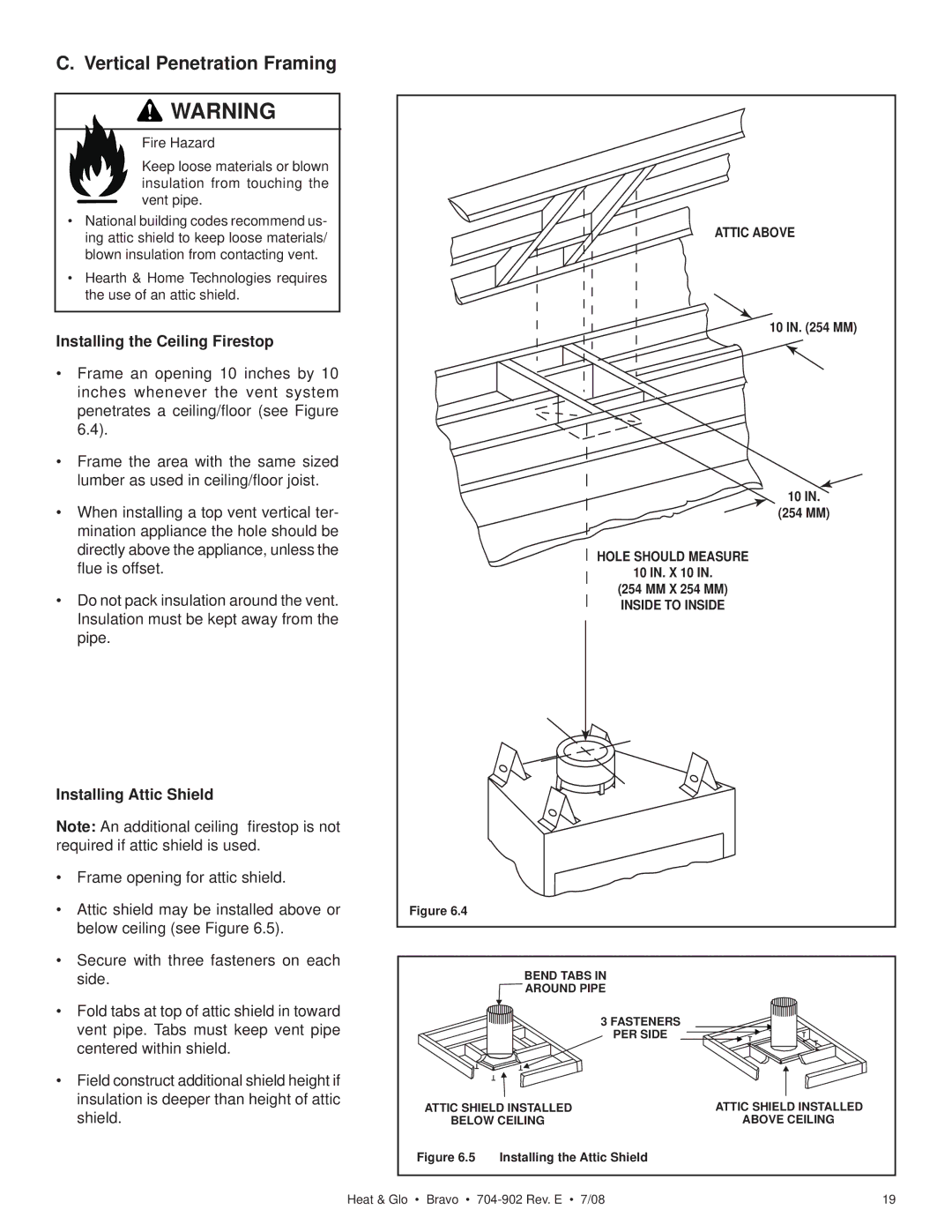 Heat & Glo LifeStyle 704-902 Vertical Penetration Framing, Installing the Ceiling Firestop, Installing Attic Shield 