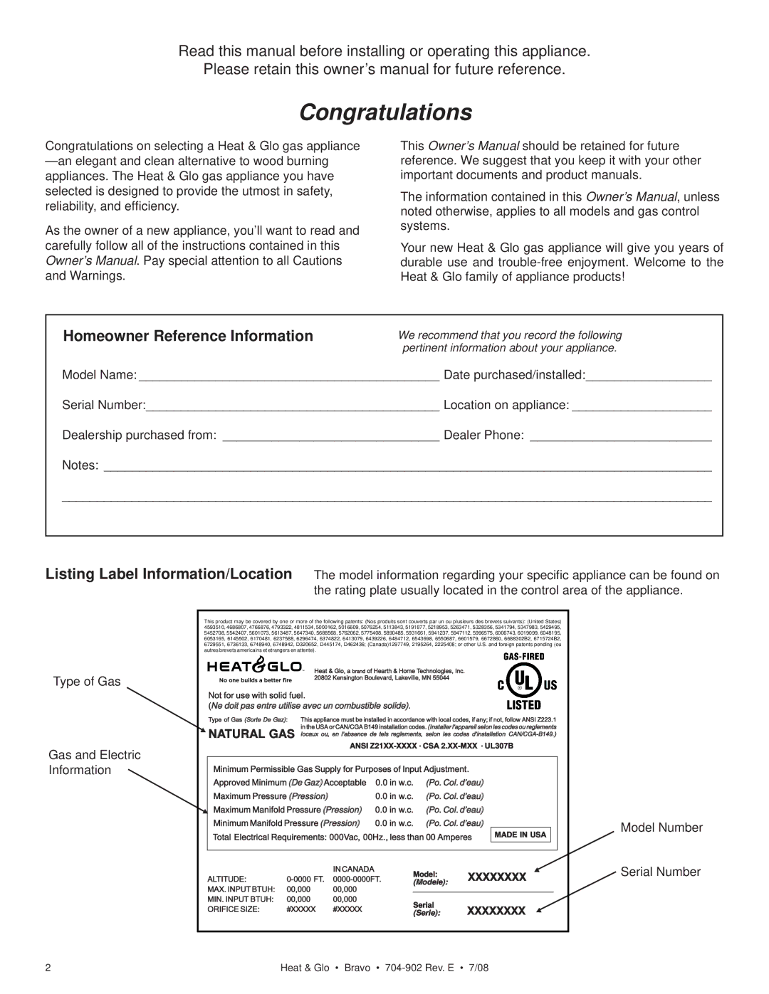 Heat & Glo LifeStyle 704-902 owner manual Congratulations, Homeowner Reference Information 