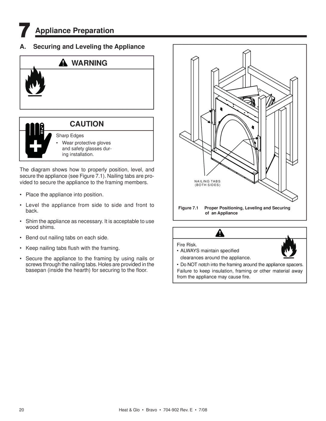 Heat & Glo LifeStyle 704-902 owner manual Appliance Preparation, Securing and Leveling the Appliance 