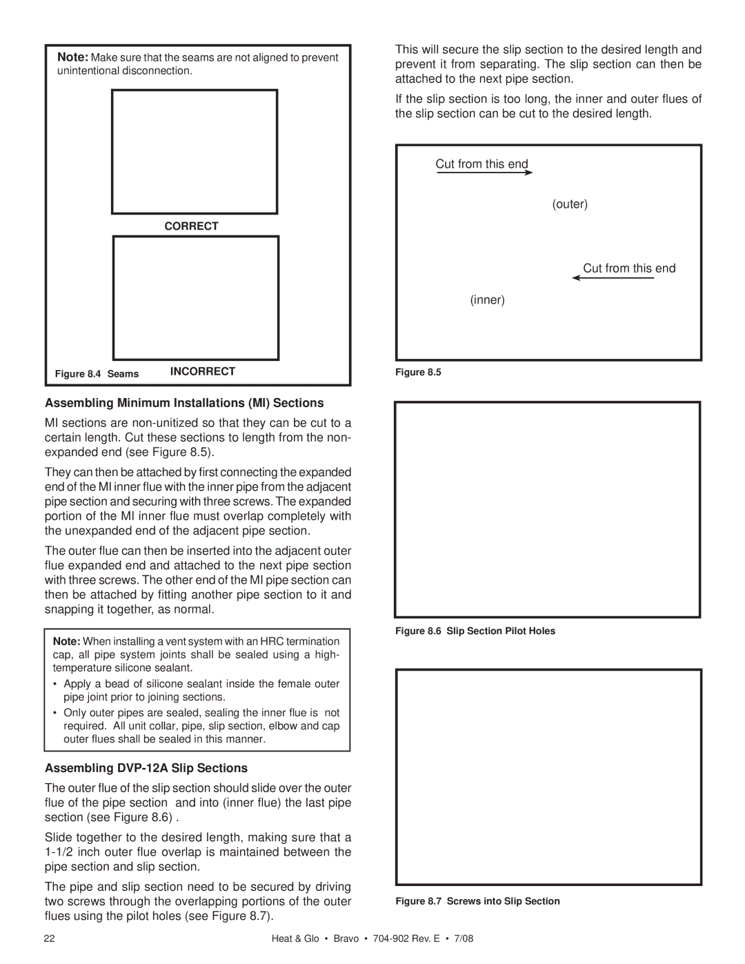 Heat & Glo LifeStyle 704-902 owner manual Assembling Minimum Installations MI Sections, Assembling DVP-12A Slip Sections 