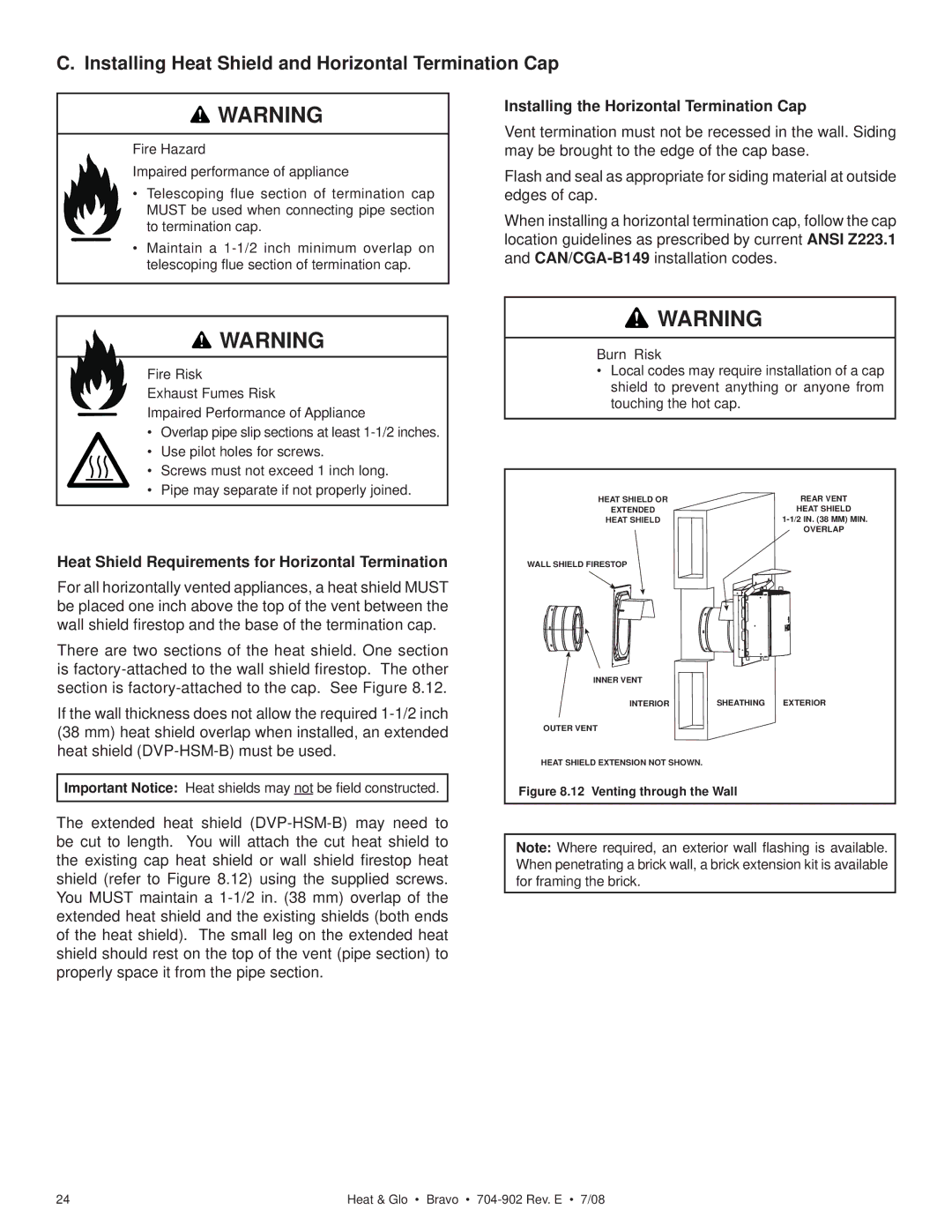 Heat & Glo LifeStyle 704-902 owner manual Installing Heat Shield and Horizontal Termination Cap 