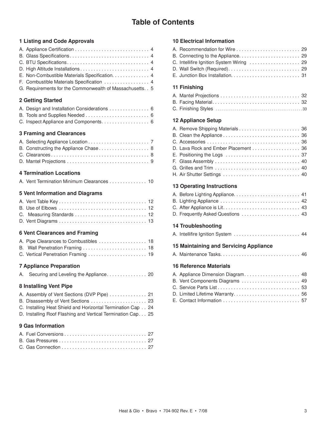 Heat & Glo LifeStyle 704-902 owner manual Table of Contents 