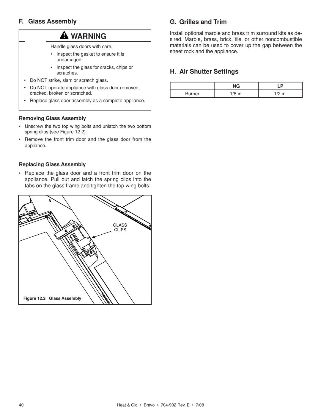 Heat & Glo LifeStyle 704-902 Grilles and Trim, Air Shutter Settings, Removing Glass Assembly, Replacing Glass Assembly 