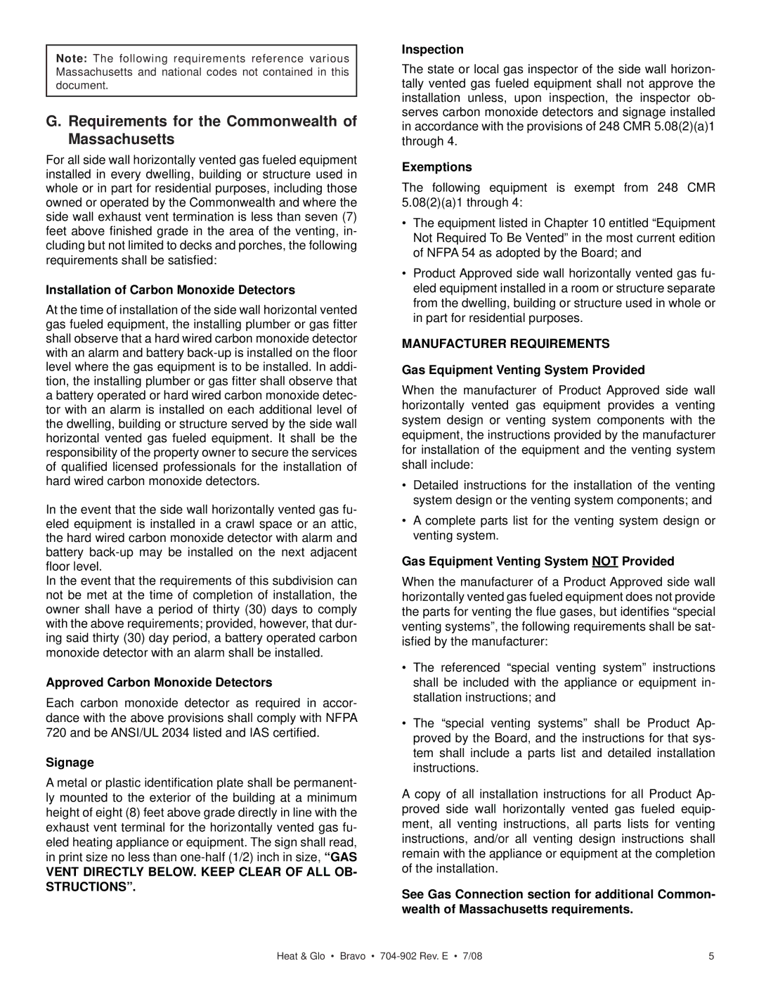 Heat & Glo LifeStyle 704-902 Requirements for the Commonwealth of Massachusetts, Installation of Carbon Monoxide Detectors 