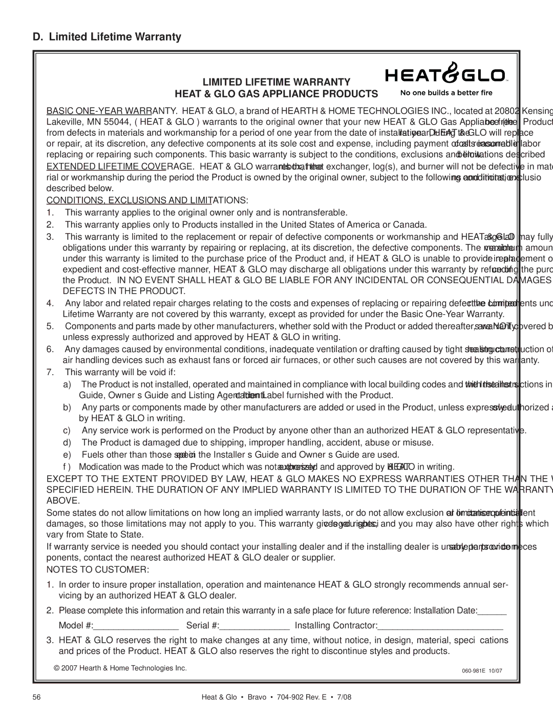 Heat & Glo LifeStyle 704-902 owner manual Limited Lifetime Warranty Heat & GLO GAS Appliance Products 