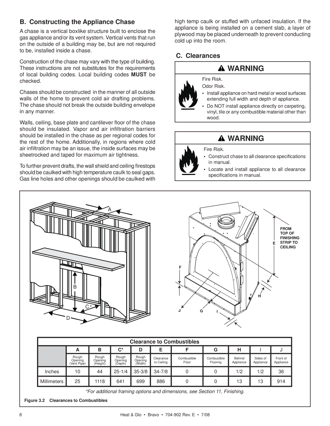 Heat & Glo LifeStyle 704-902 owner manual Constructing the Appliance Chase, Clearances, Clearance to Combustibles 