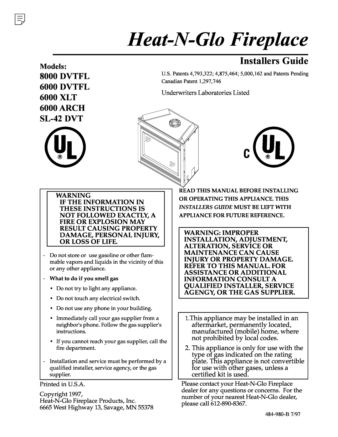 Heat & Glo LifeStyle SL-42 DVT manual Underwriters Laboratories Listed, Heat-N-GloFireplace, Installers Guide, Dvtfl, Arch 