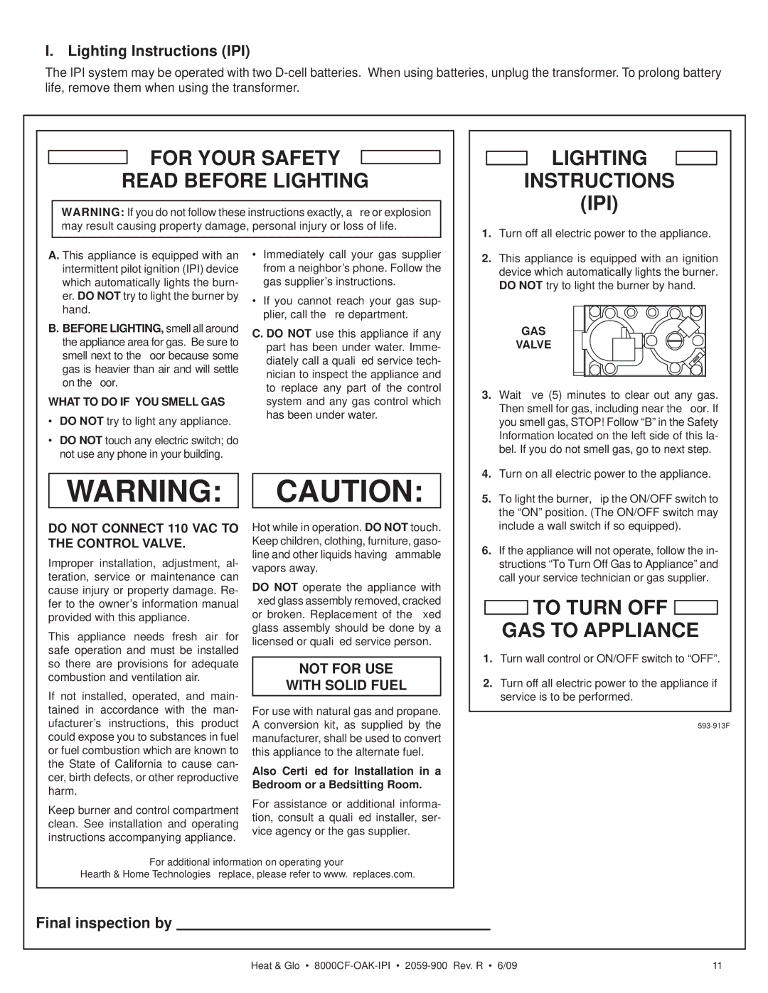 Heat & Glo LifeStyle 8000CF-OAK-IPI Lighting Instructions IPI, Final inspection by, What to do if YOU Smell GAS, GAS Valve 