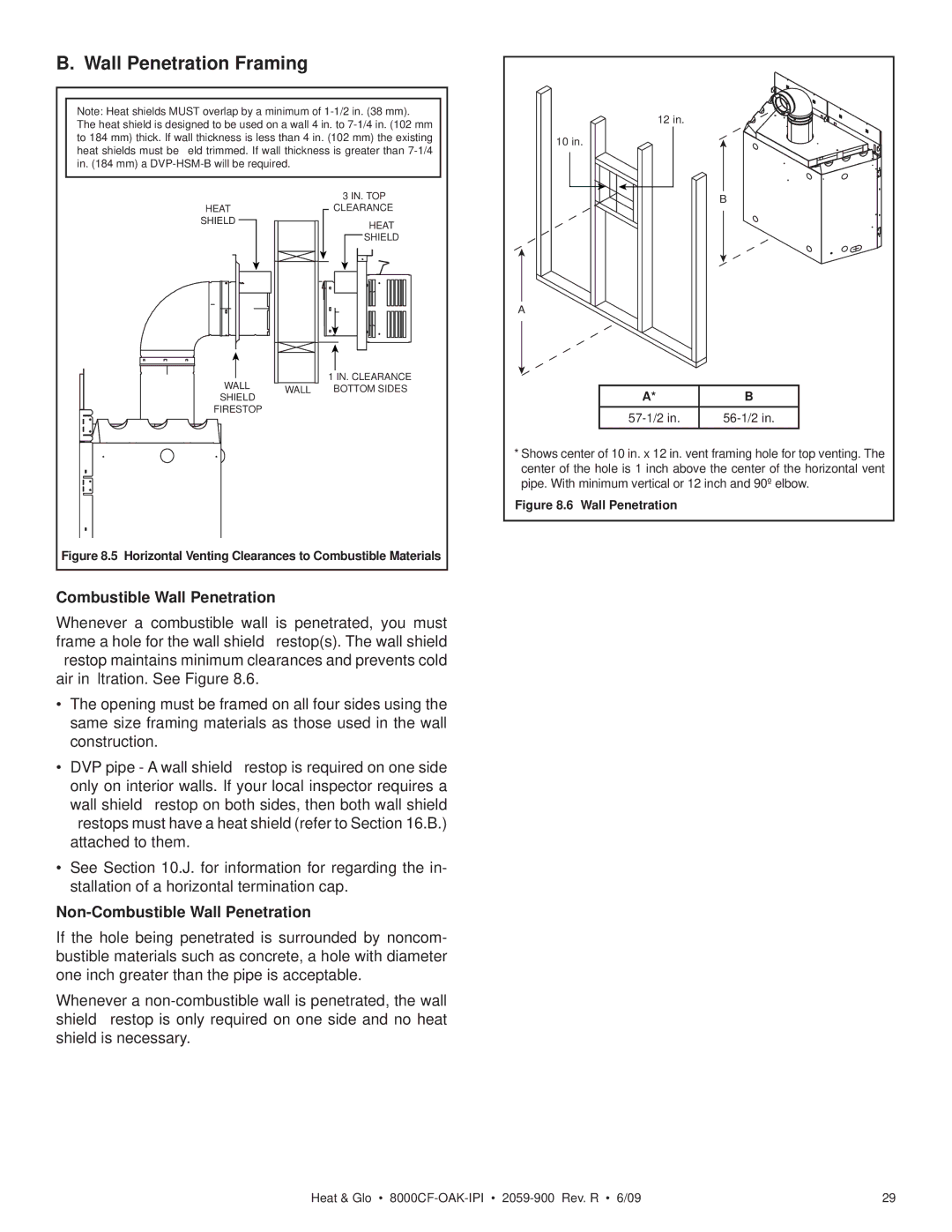 Heat & Glo LifeStyle 8000CF-OAK-IPI, 8000CFLP-OAKIPI owner manual Wall Penetration Framing, Combustible Wall Penetration 