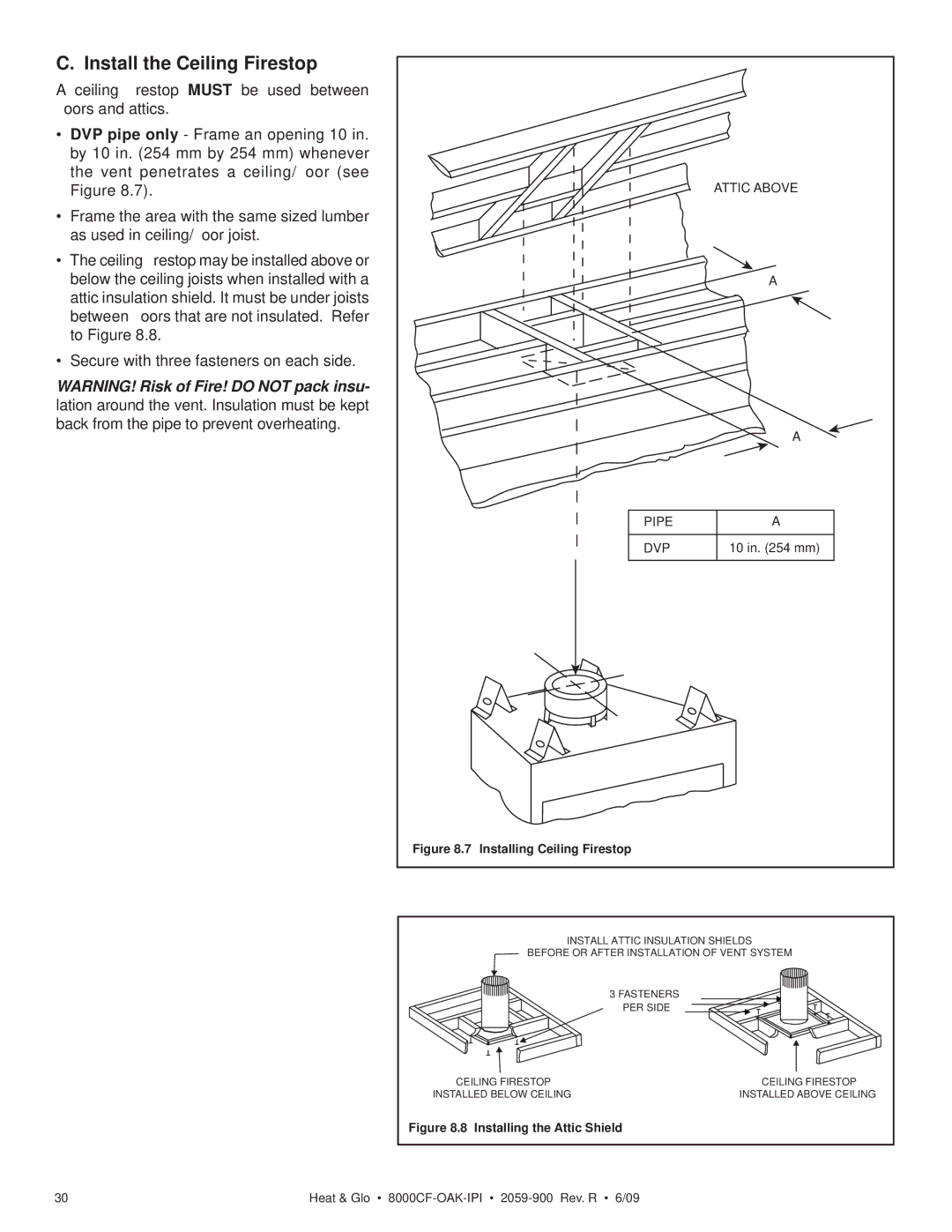 Heat & Glo LifeStyle 8000CFLP-OAKIPI, 8000CF-OAK-IPI owner manual Install the Ceiling Firestop, Pipe DVP 