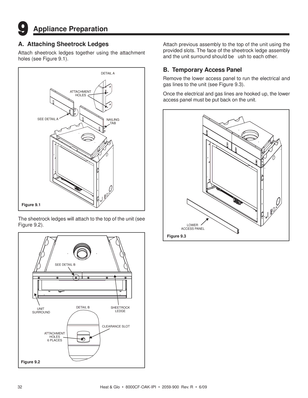 Heat & Glo LifeStyle 8000CFLP-OAKIPI owner manual Appliance Preparation, Attaching Sheetrock Ledges, Temporary Access Panel 