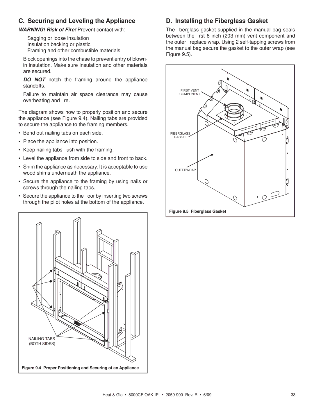 Heat & Glo LifeStyle 8000CF-OAK-IPI, 8000CFLP-OAKIPI Securing and Leveling the Appliance, Installing the Fiberglass Gasket 