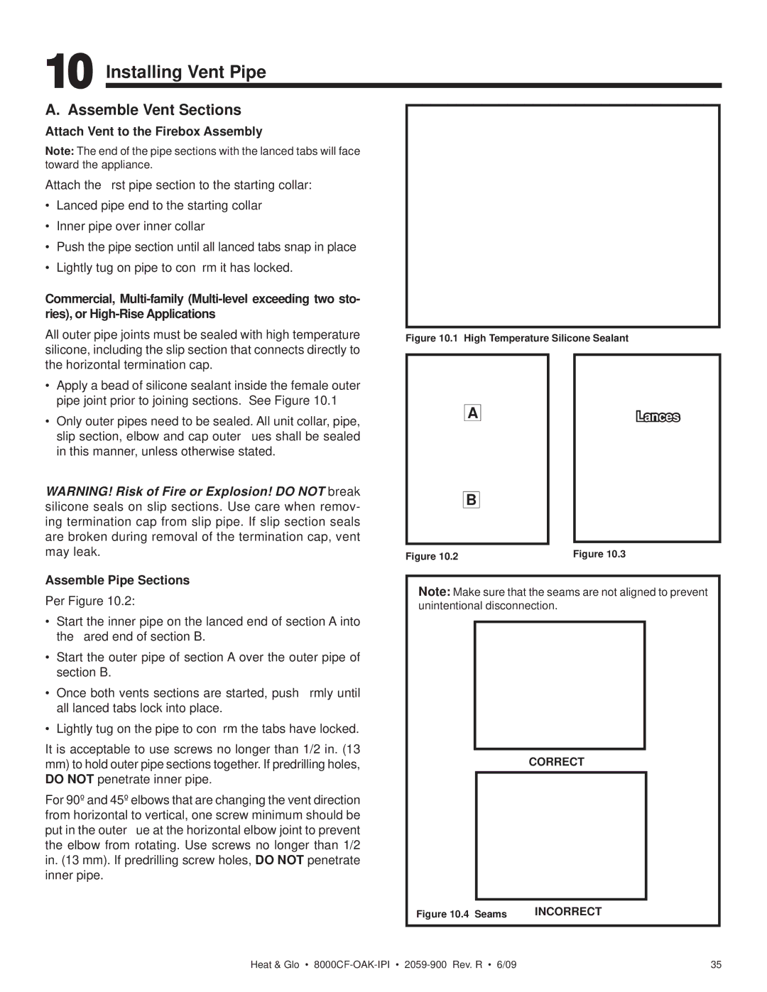 Heat & Glo LifeStyle 8000CF-OAK-IPI Installing Vent Pipe, Assemble Vent Sections, Attach Vent to the Firebox Assembly 