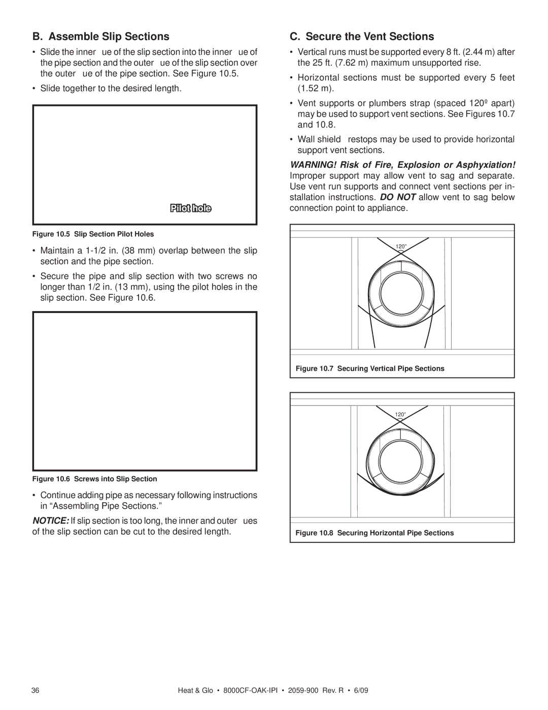 Heat & Glo LifeStyle 8000CFLP-OAKIPI, 8000CF-OAK-IPI owner manual Assemble Slip Sections, Secure the Vent Sections 