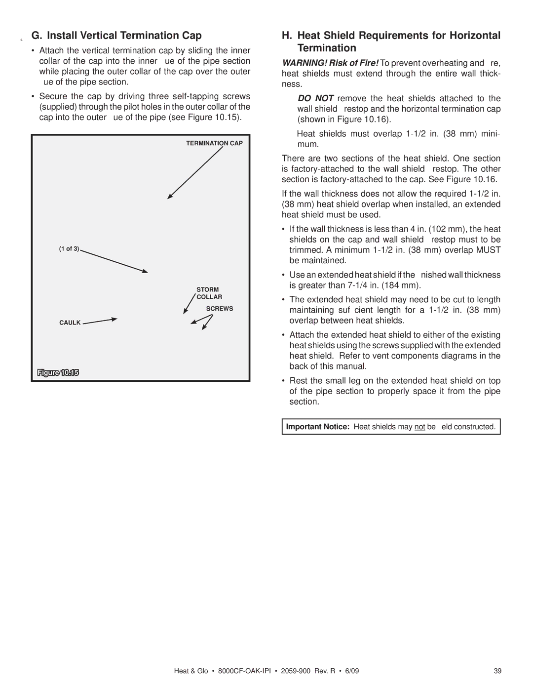 Heat & Glo LifeStyle 8000CF-OAK-IPI Install Vertical Termination Cap, Heat Shield Requirements for Horizontal Termination 