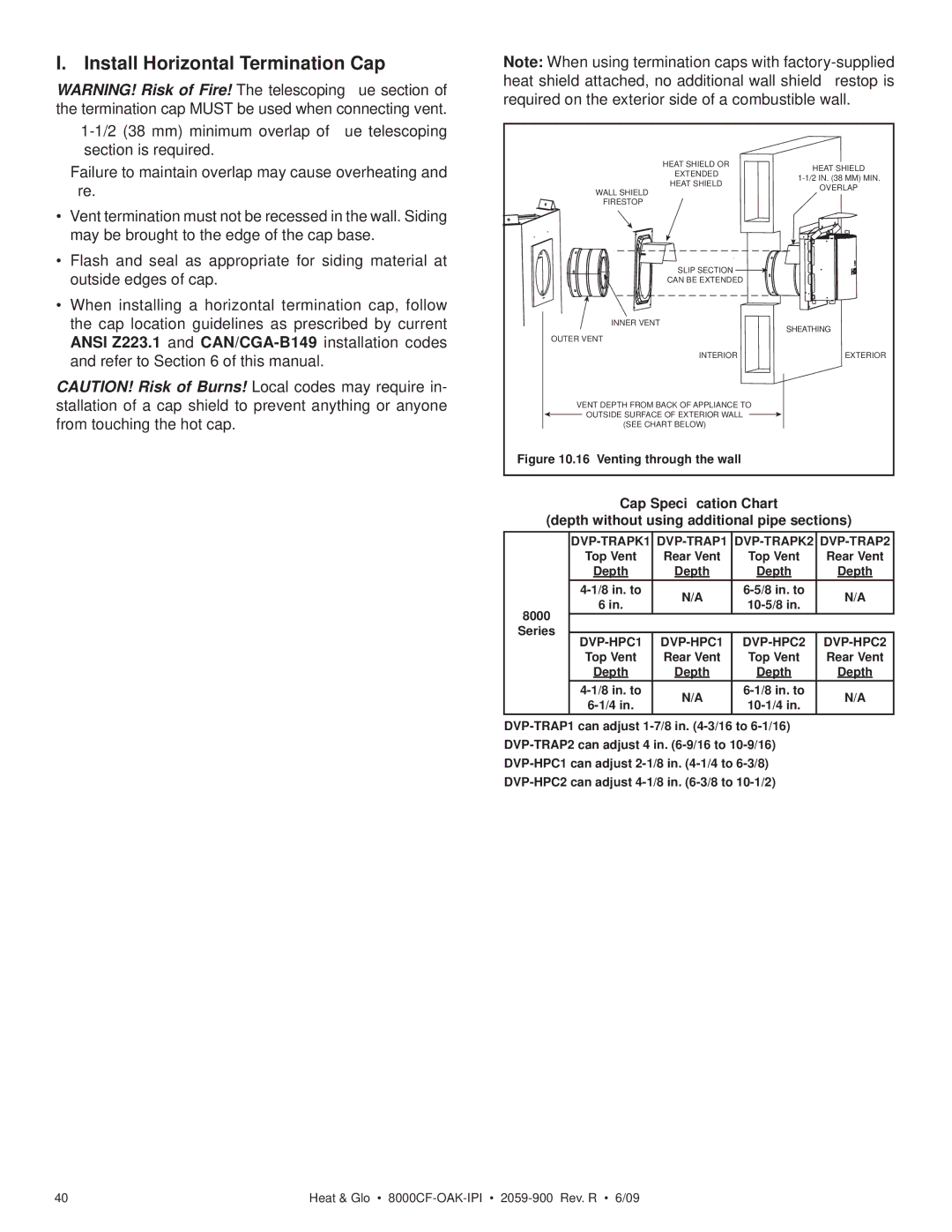 Heat & Glo LifeStyle 8000CFLP-OAKIPI Install Horizontal Termination Cap, Ansi Z223.1 and CAN/CGA-B149 installation codes 