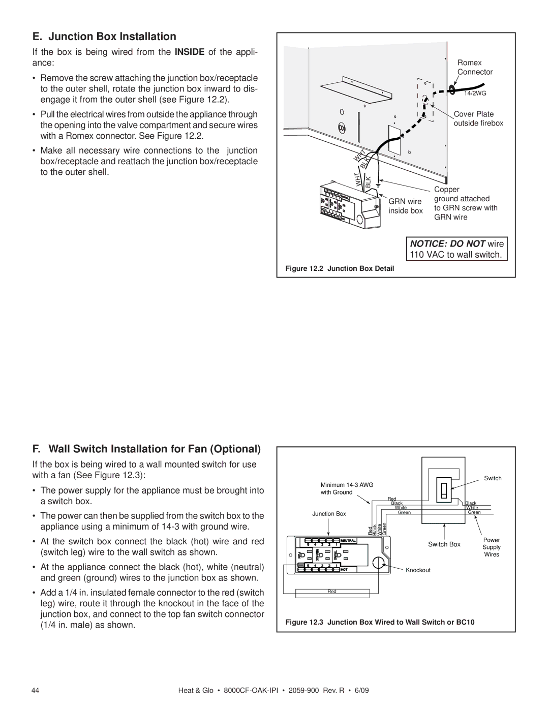 Heat & Glo LifeStyle 8000CFLP-OAKIPI, 8000CF-OAK-IPI Junction Box Installation, Wall Switch Installation for Fan Optional 