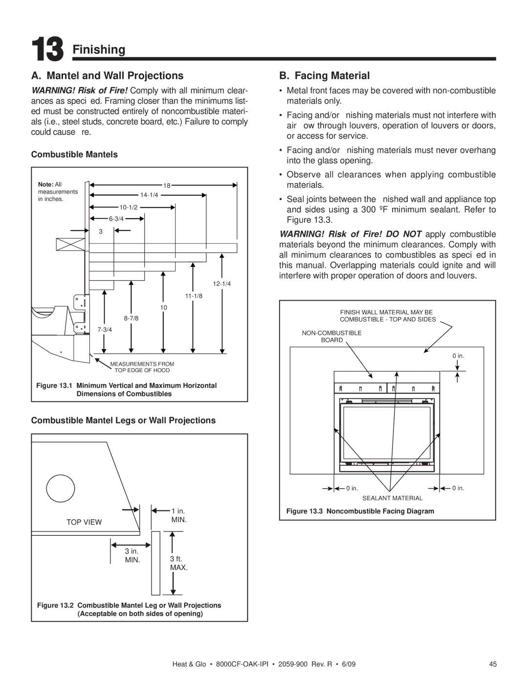 Heat & Glo LifeStyle 8000CF-OAK-IPI, 8000CFLP-OAKIPI owner manual Finishing, Facing Material 