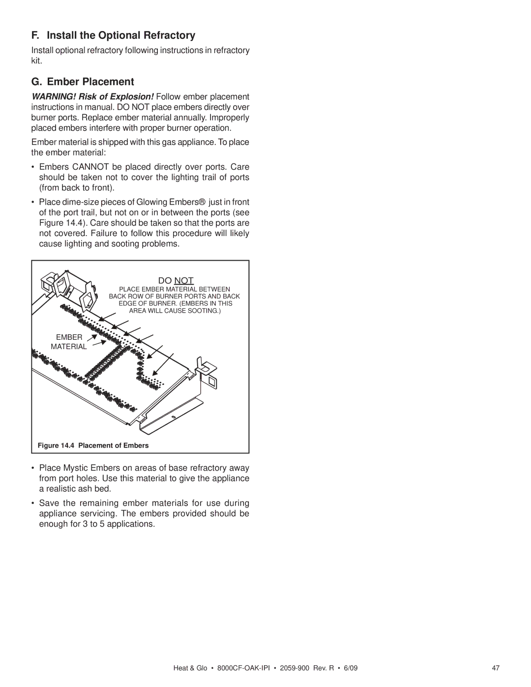 Heat & Glo LifeStyle 8000CF-OAK-IPI, 8000CFLP-OAKIPI owner manual Install the Optional Refractory, Ember Placement 