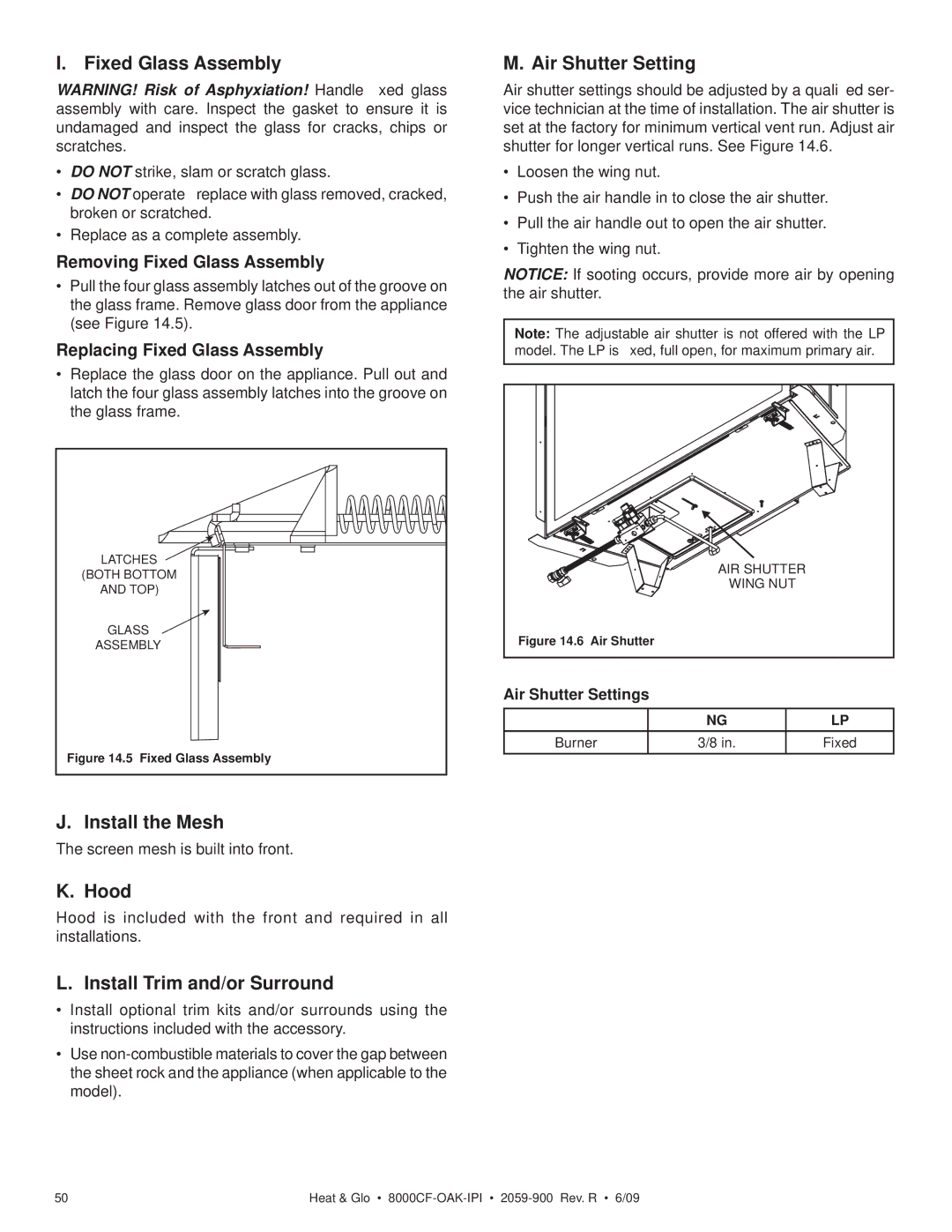 Heat & Glo LifeStyle 8000CFLP-OAKIPI owner manual Install the Mesh, Hood, Install Trim and/or Surround, Air Shutter Setting 