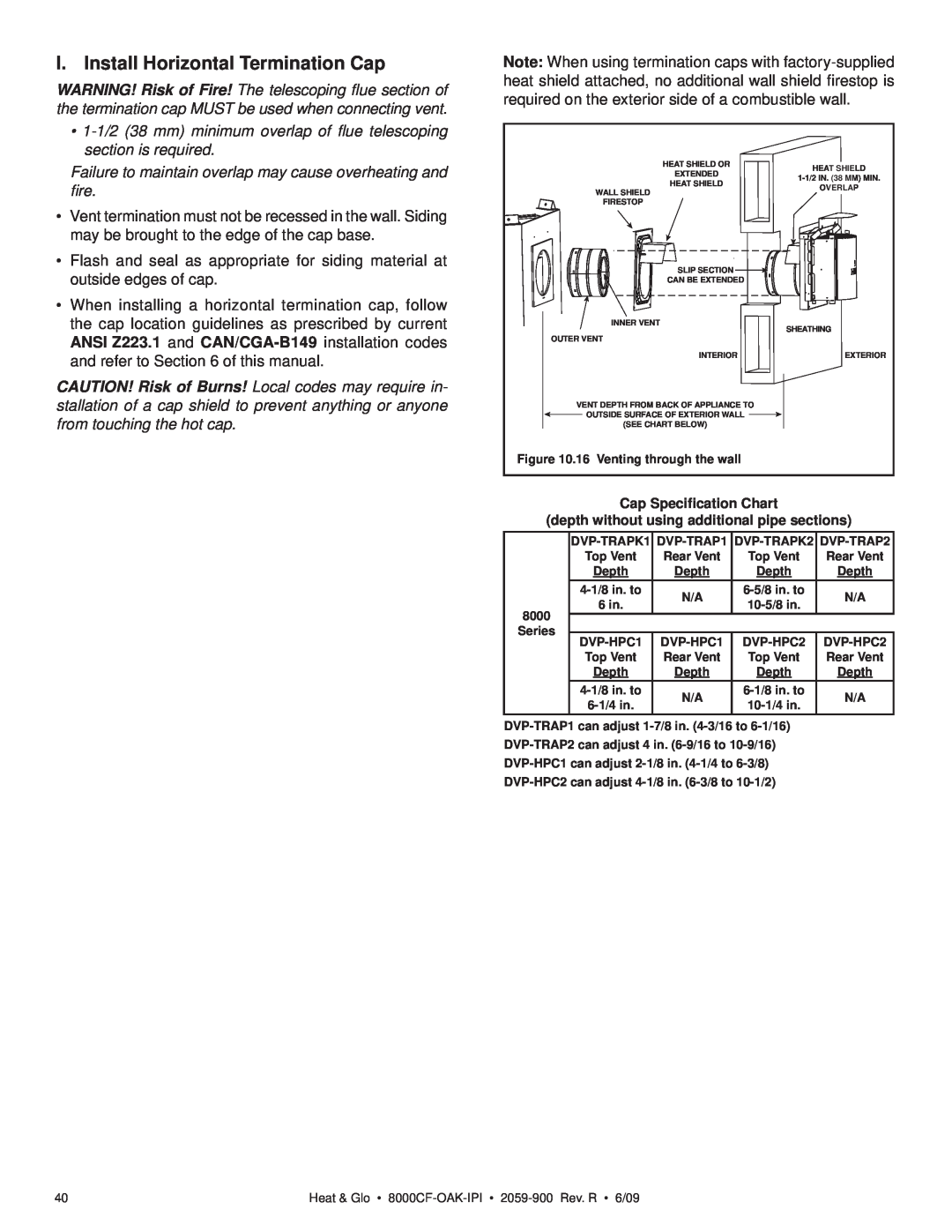 Heat & Glo LifeStyle 8000CFLP-OAKIPI, 8000CF-OAK-IPI owner manual I. Install Horizontal Termination Cap 
