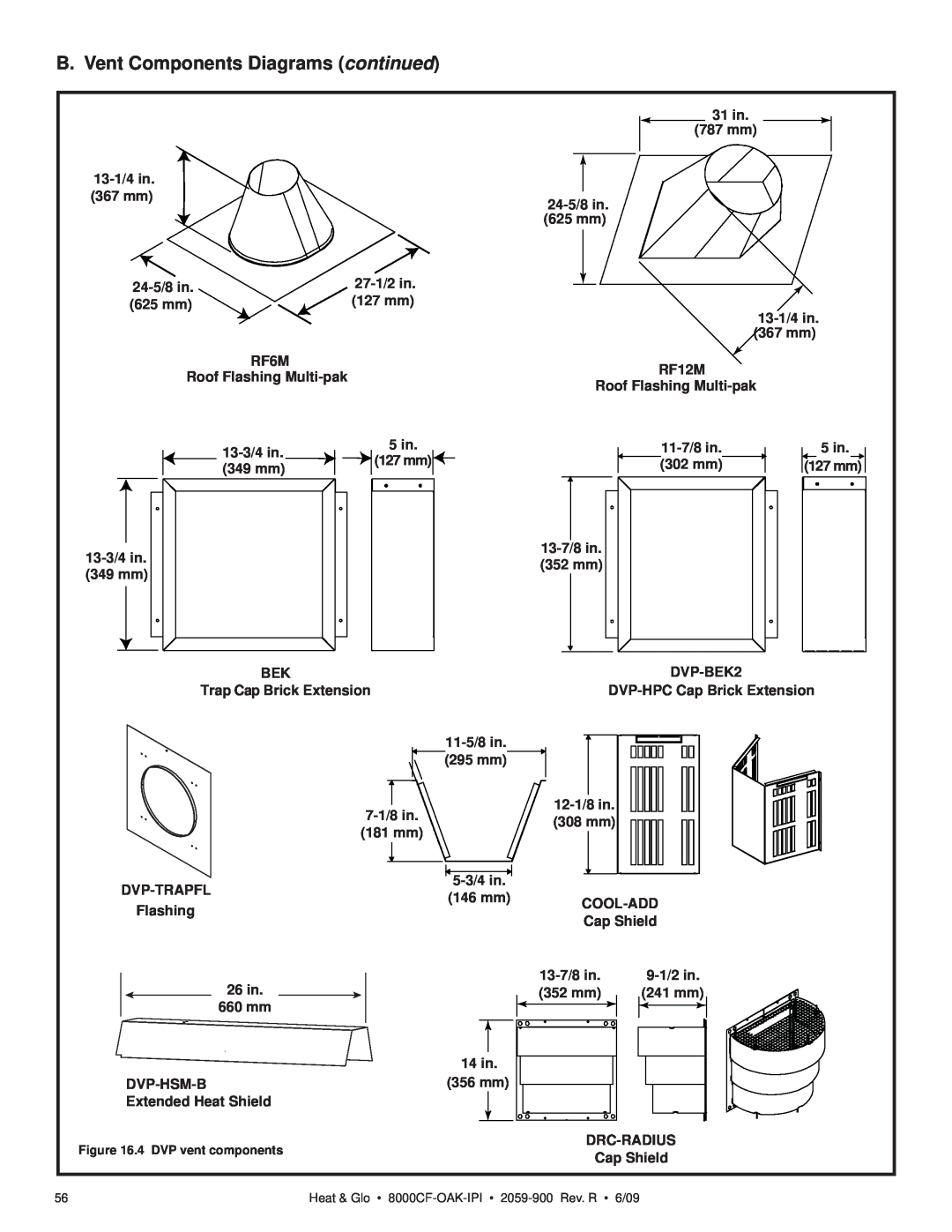 Heat & Glo LifeStyle 8000CFLP-OAKIPI B. Vent Components Diagrams continued, 31 in, 787 mm, 13-1/4in, 367 mm, 24-5/8in 