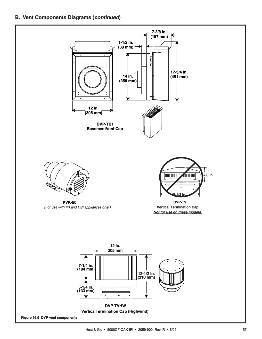 Heat & Glo LifeStyle 8000CF-OAK-IPI B. Vent Components Diagrams continued, 1-1/2in 38 mm, 7-3/8in 187 mm, BasementVent Cap 