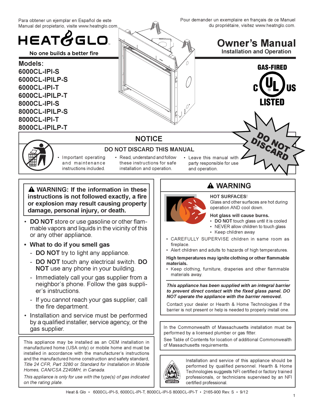 Heat & Glo LifeStyle 8000CL-IPI-T manual What to do if you smell gas, HOT Surfaces, Hot glass will cause burns 