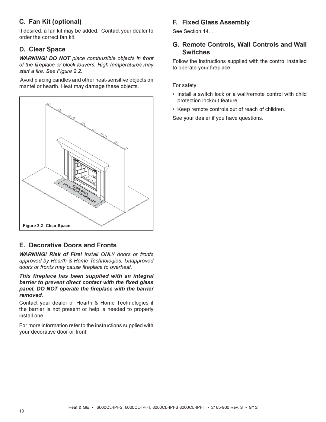 Heat & Glo LifeStyle 6000CL-IPI-S manual Fan Kit optional, Clear Space, Decorative Doors and Fronts, Fixed Glass Assembly 