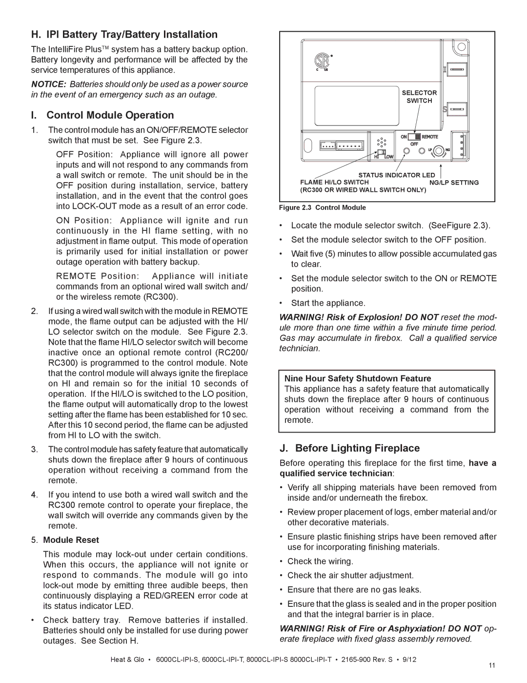 Heat & Glo LifeStyle 6000CL-IPI-T manual IPI Battery Tray/Battery Installation, Control Module Operation, Module Reset 