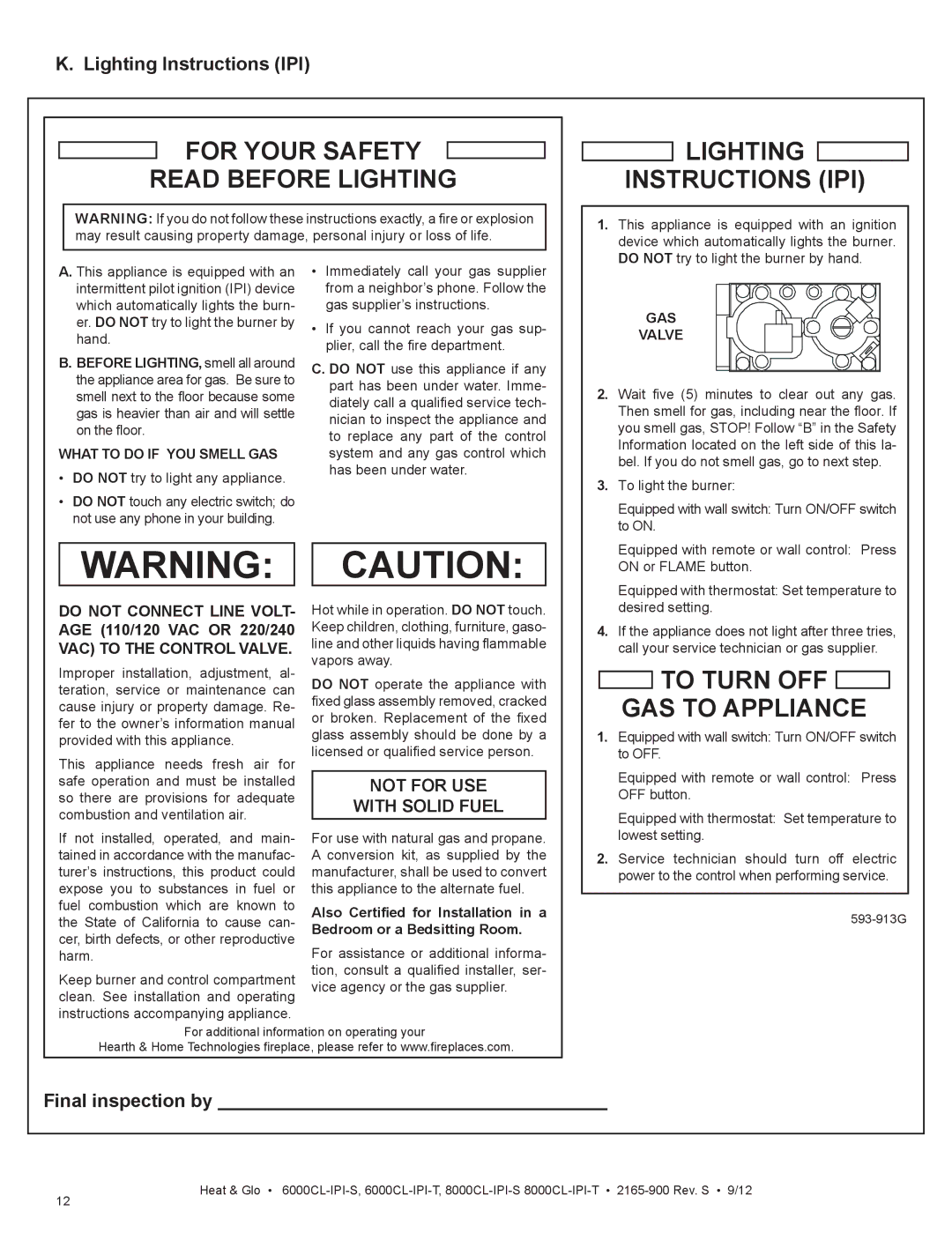 Heat & Glo LifeStyle 8000CL-IPI-S Lighting Instructions IPI, Final inspection by, What to do if YOU Smell GAS, GAS Valve 