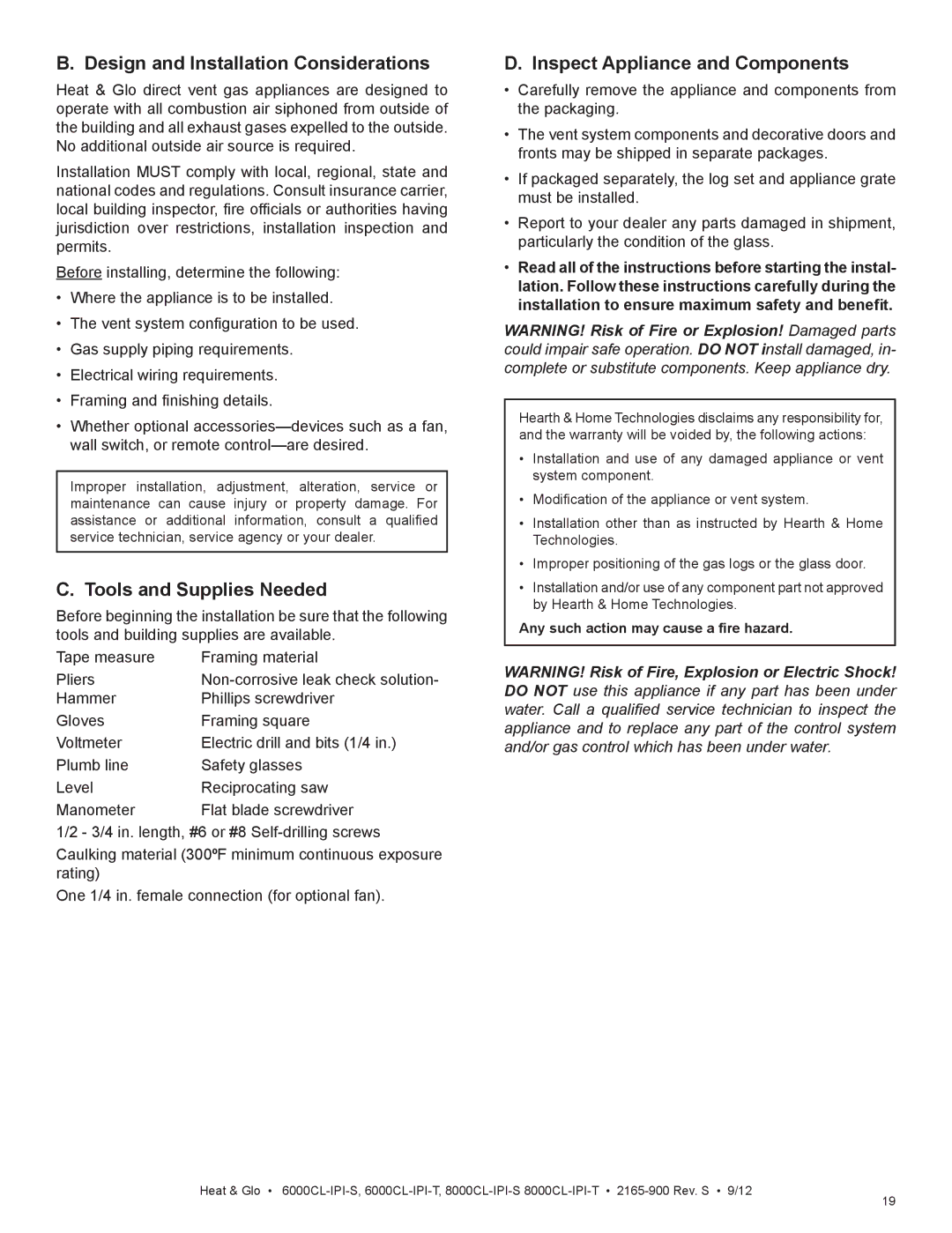 Heat & Glo LifeStyle 6000CL-IPI-T, 8000CL-IPI-S manual Design and Installation Considerations, Tools and Supplies Needed 