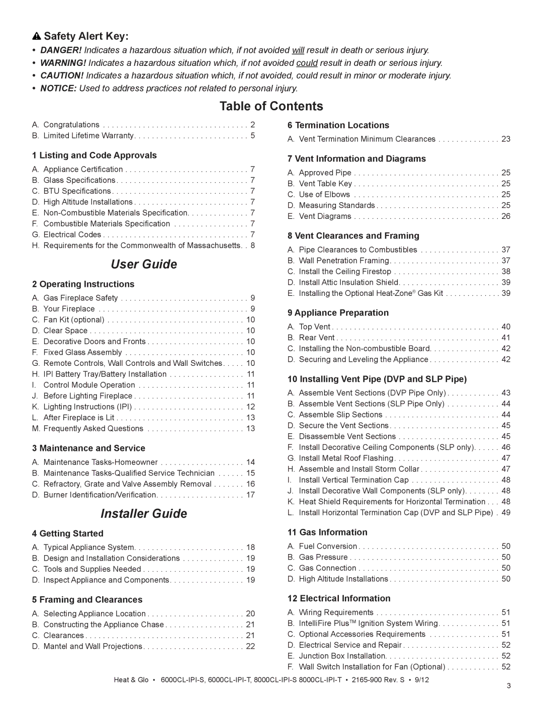 Heat & Glo LifeStyle 6000CL-IPI-T, 8000CL-IPI-S, 8000CL-IPI-T, 6000CL-IPI-S manual Table of Contents, User Guide 