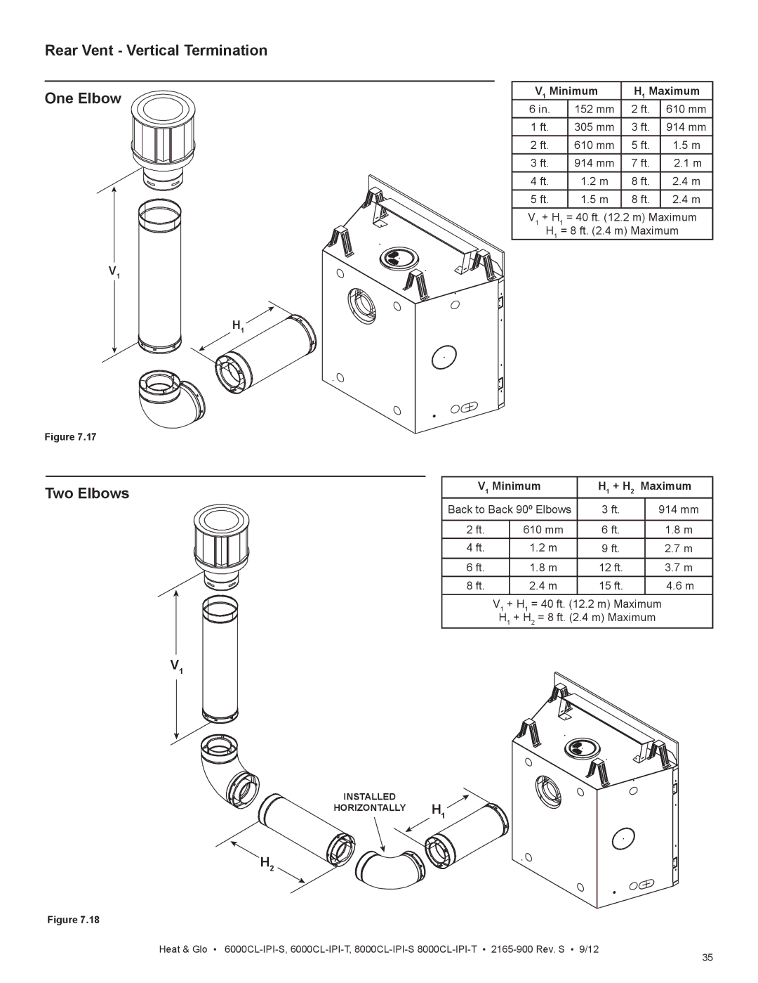 Heat & Glo LifeStyle 6000CL-IPI-T Rear Vent Vertical Termination One Elbow, V1 Minimum H1 Maximum, Minimum + H Maximum 