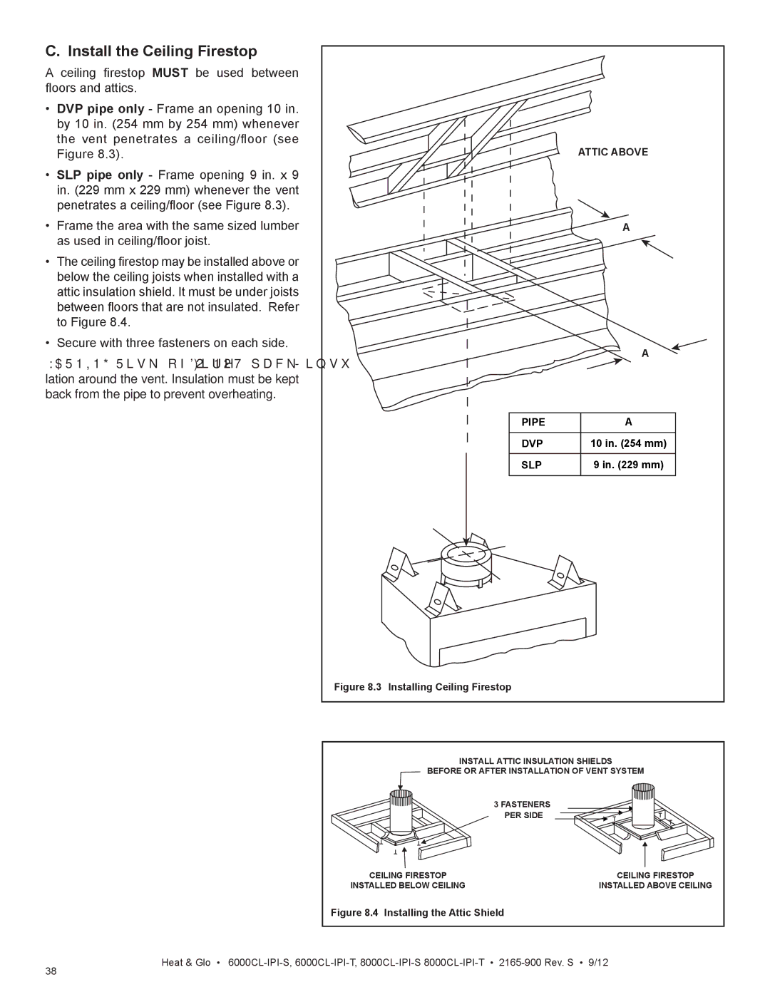 Heat & Glo LifeStyle 6000CL-IPI-S, 8000CL-IPI-S, 8000CL-IPI-T, 6000CL-IPI-T manual Install the Ceiling Firestop, Pipe DVP SLP 