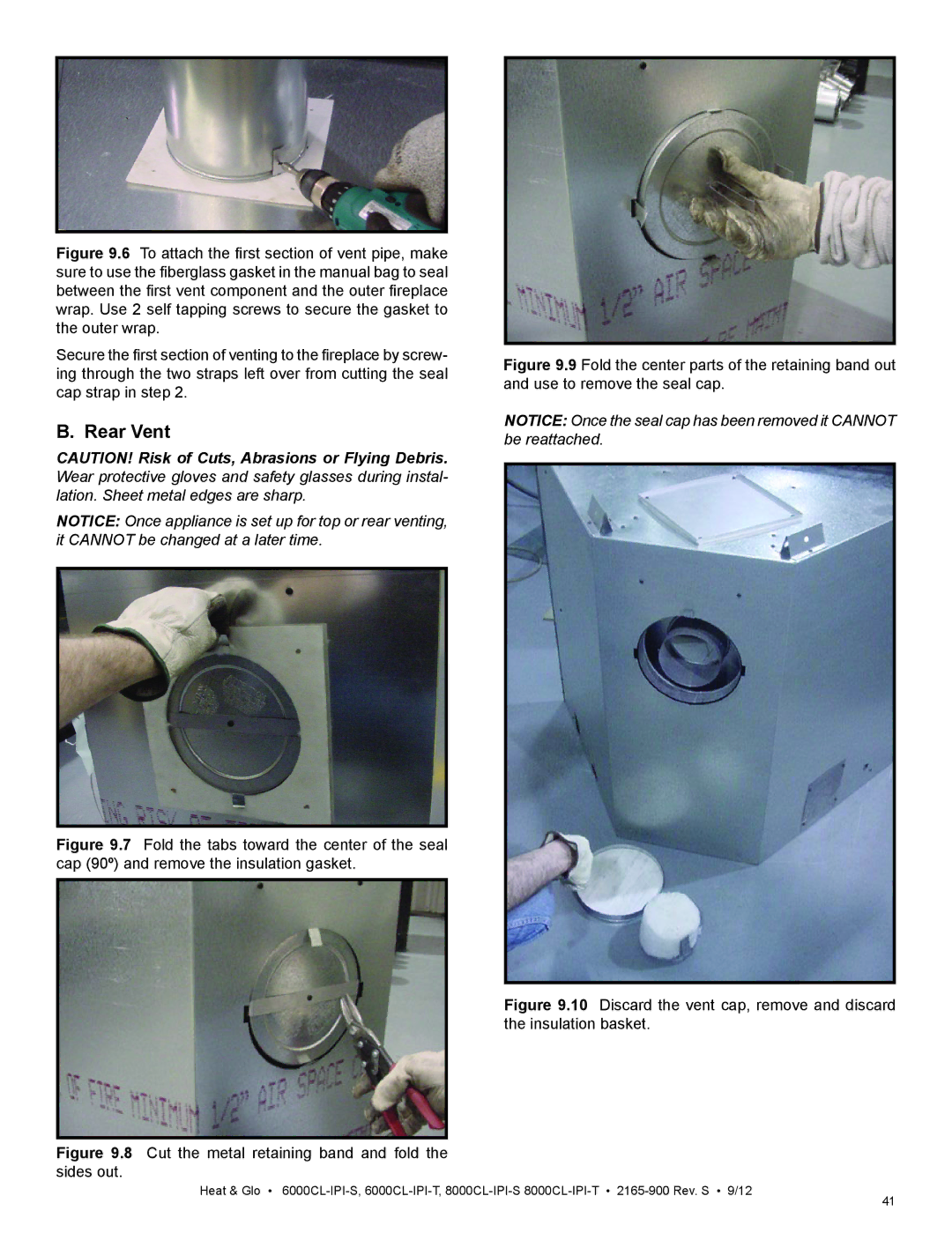 Heat & Glo LifeStyle 8000CL-IPI-T, 8000CL-IPI-S manual Rear Vent, Cut the metal retaining band and fold the sides out 