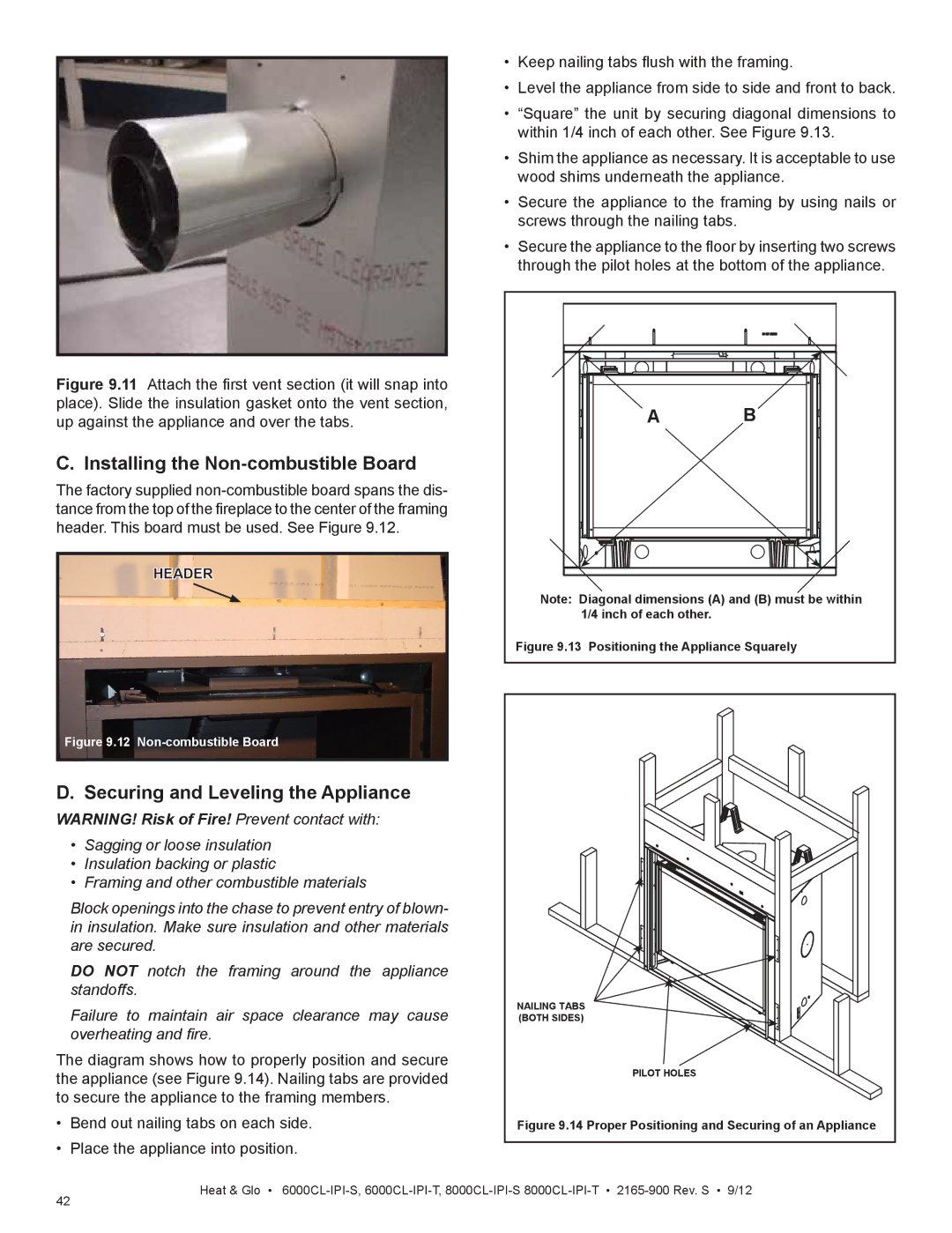 Heat & Glo LifeStyle 6000CL-IPI-S manual Installing the Non-combustible Board, Securing and Leveling the Appliance, Header 