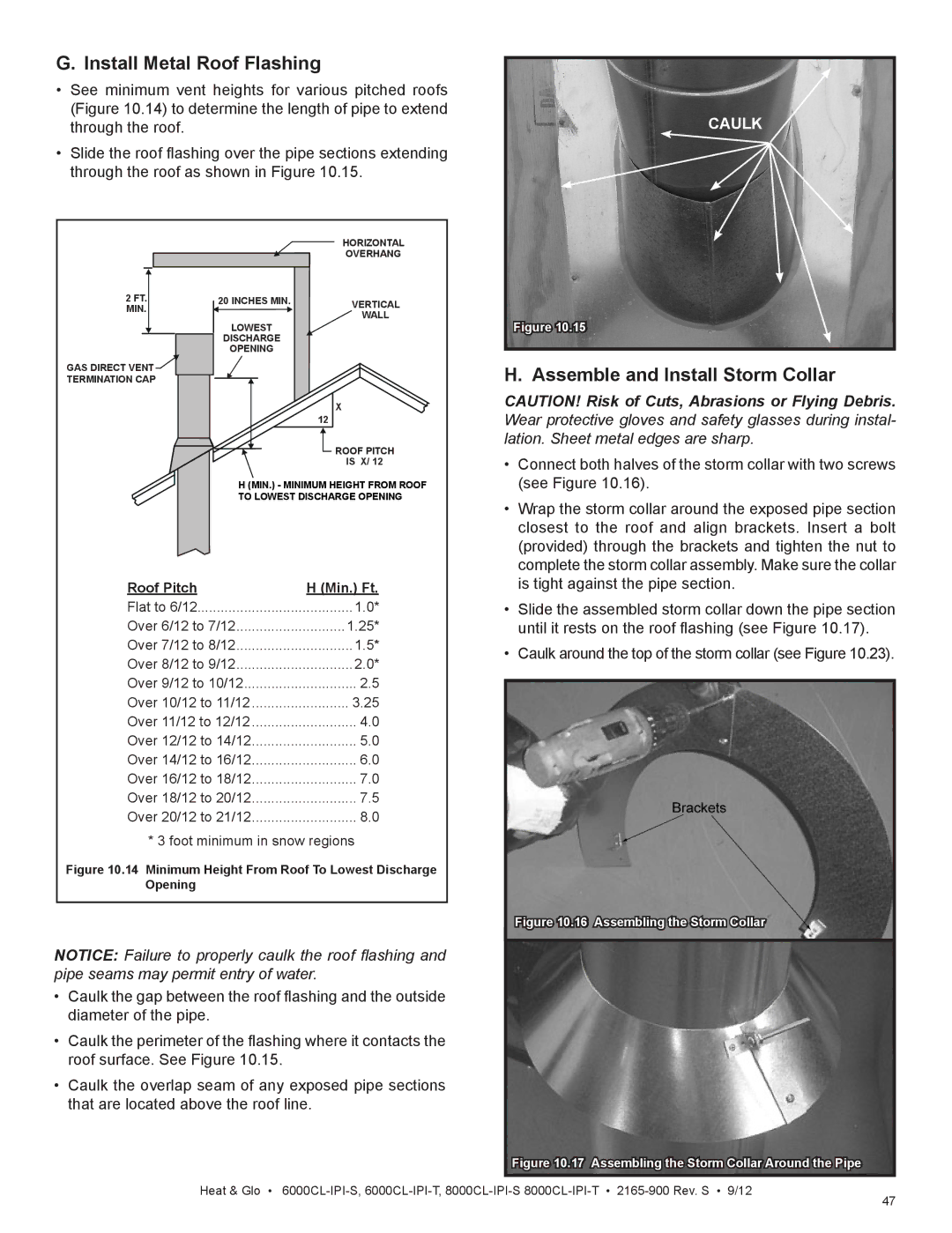 Heat & Glo LifeStyle 6000CL-IPI-T manual Install Metal Roof Flashing, Assemble and Install Storm Collar, Roof Pitch Min. Ft 