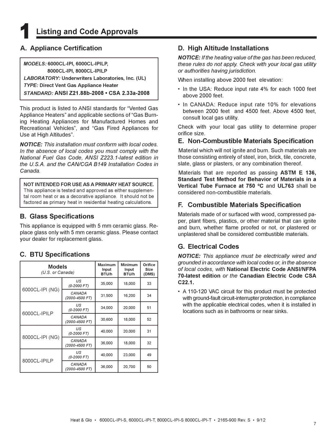 Heat & Glo LifeStyle 6000CL-IPI-T, 8000CL-IPI-S, 8000CL-IPI-T, 6000CL-IPI-S manual Listing and Code Approvals 