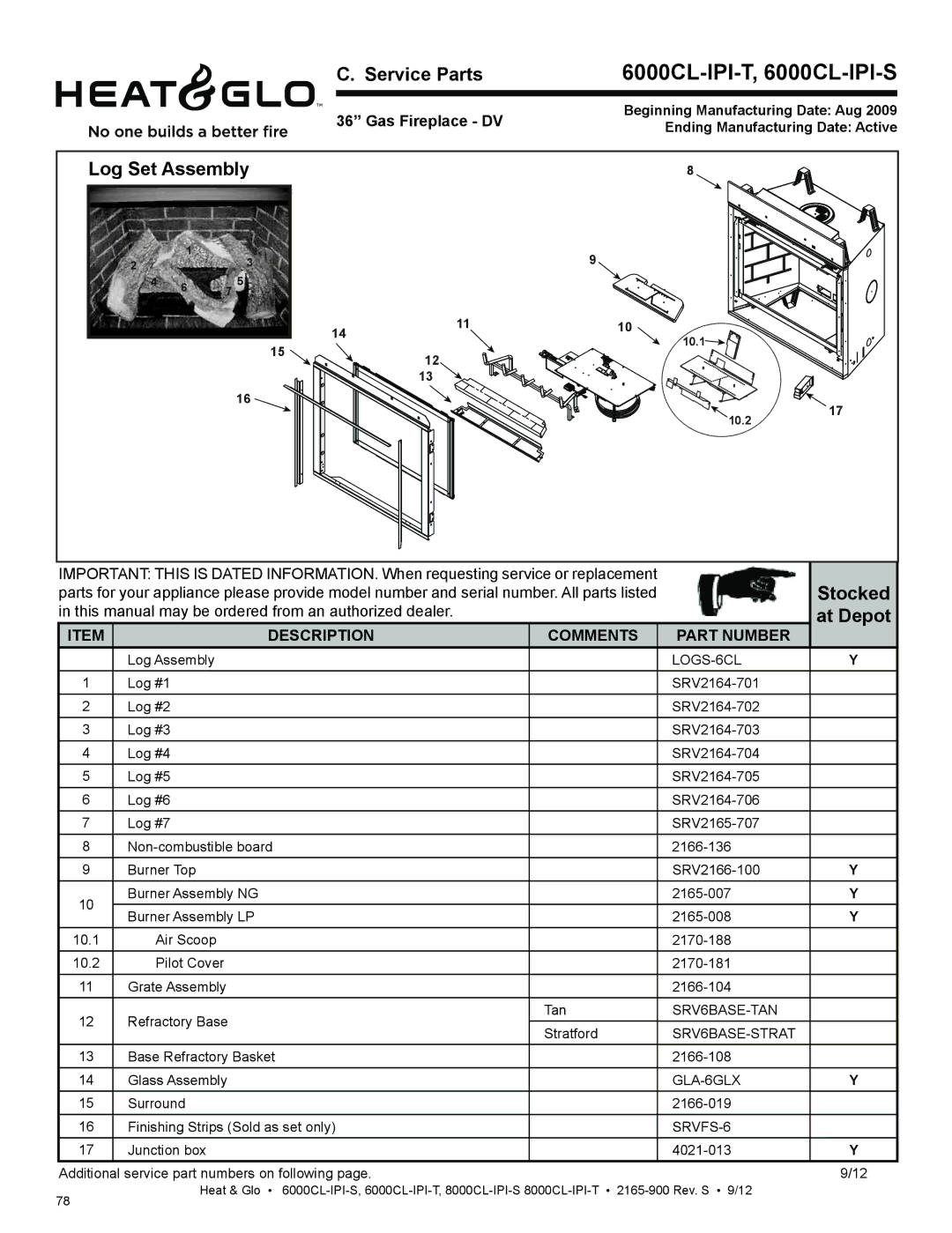 Heat & Glo LifeStyle 6000CL-IPI-T, 6000CL-IPI-S, Log Set Assembly Service Parts, Stocked, At Depot, Gas Fireplace DV 