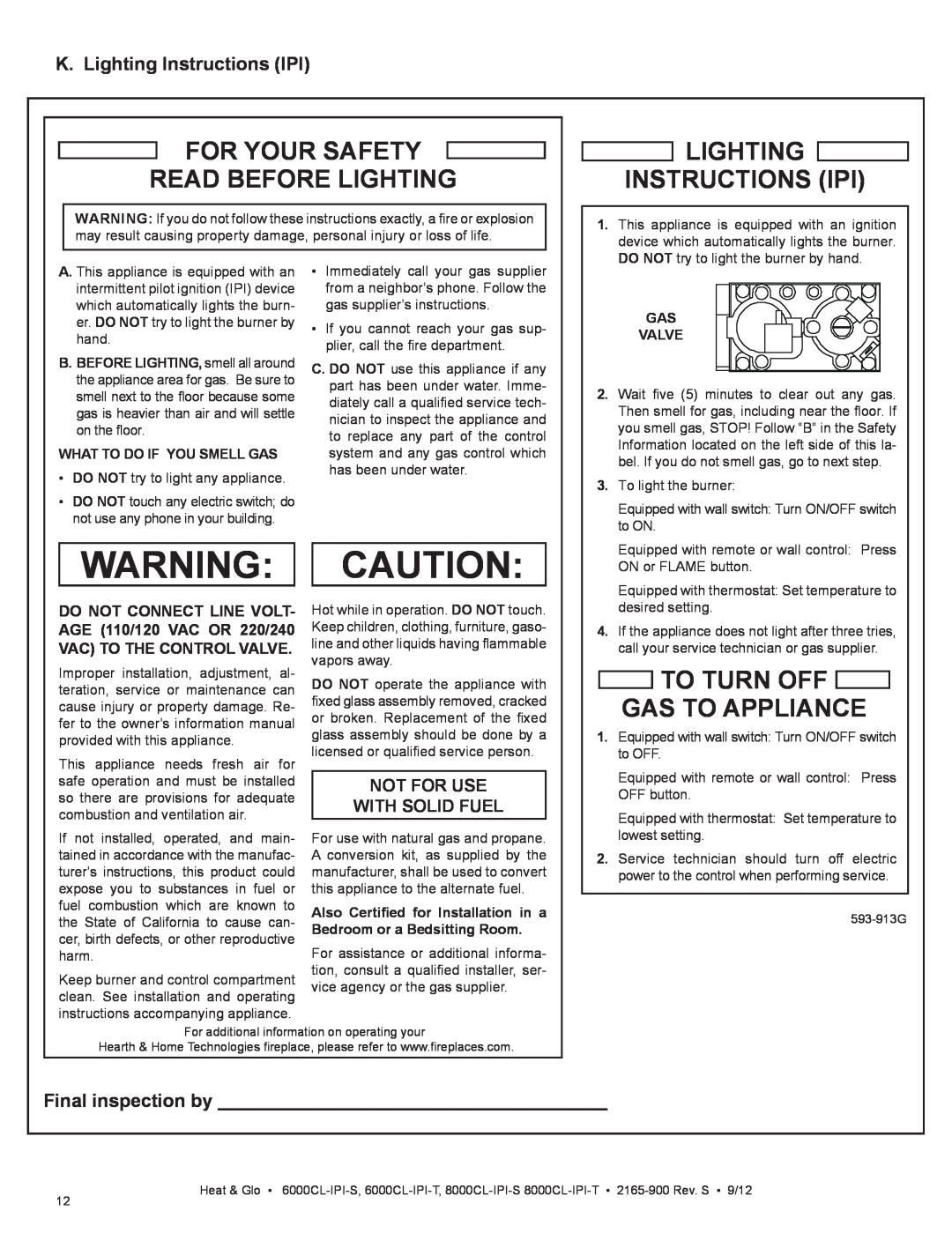 Heat & Glo LifeStyle 8000CL-IPI-S For Your Safety Read Before Lighting, Lighting Instructions Ipi, Final inspection by 