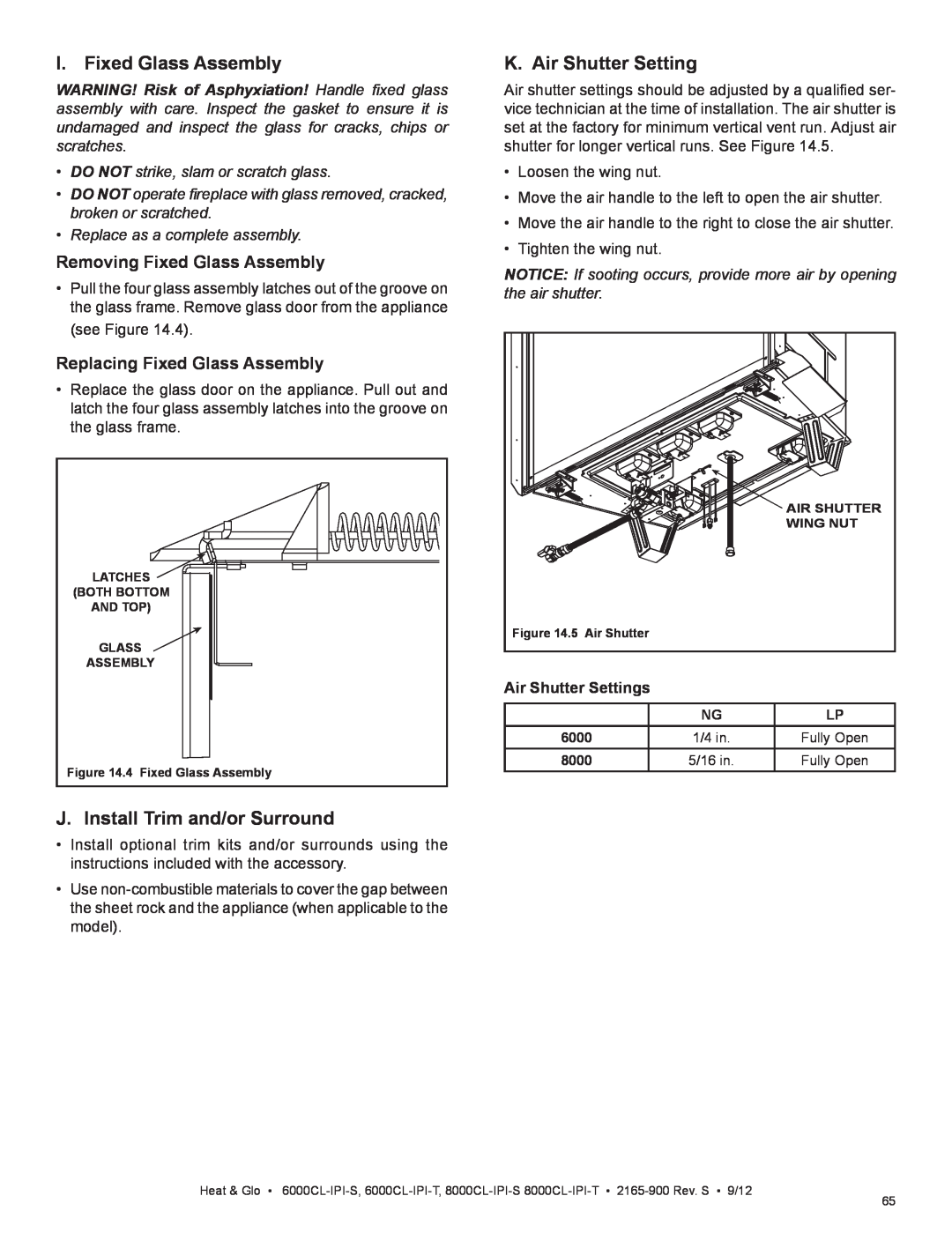 Heat & Glo LifeStyle 8000CL-IPI-T manual I. Fixed Glass Assembly, J. Install Trim and/or Surround, K. Air Shutter Setting 