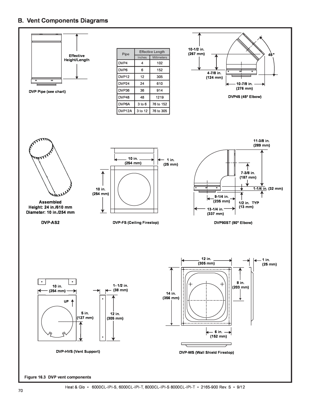 Heat & Glo LifeStyle 6000CL-IPI-S manual B. Vent Components Diagrams, Height: 24 in./610 mm, DVP-AS2, Heat & Glo •, 9/12 