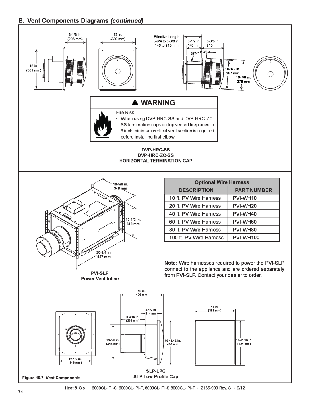 Heat & Glo LifeStyle 6000CL-IPI-S B. Vent Components Diagrams continued, Optional Wire Harness, Description, Part Number 