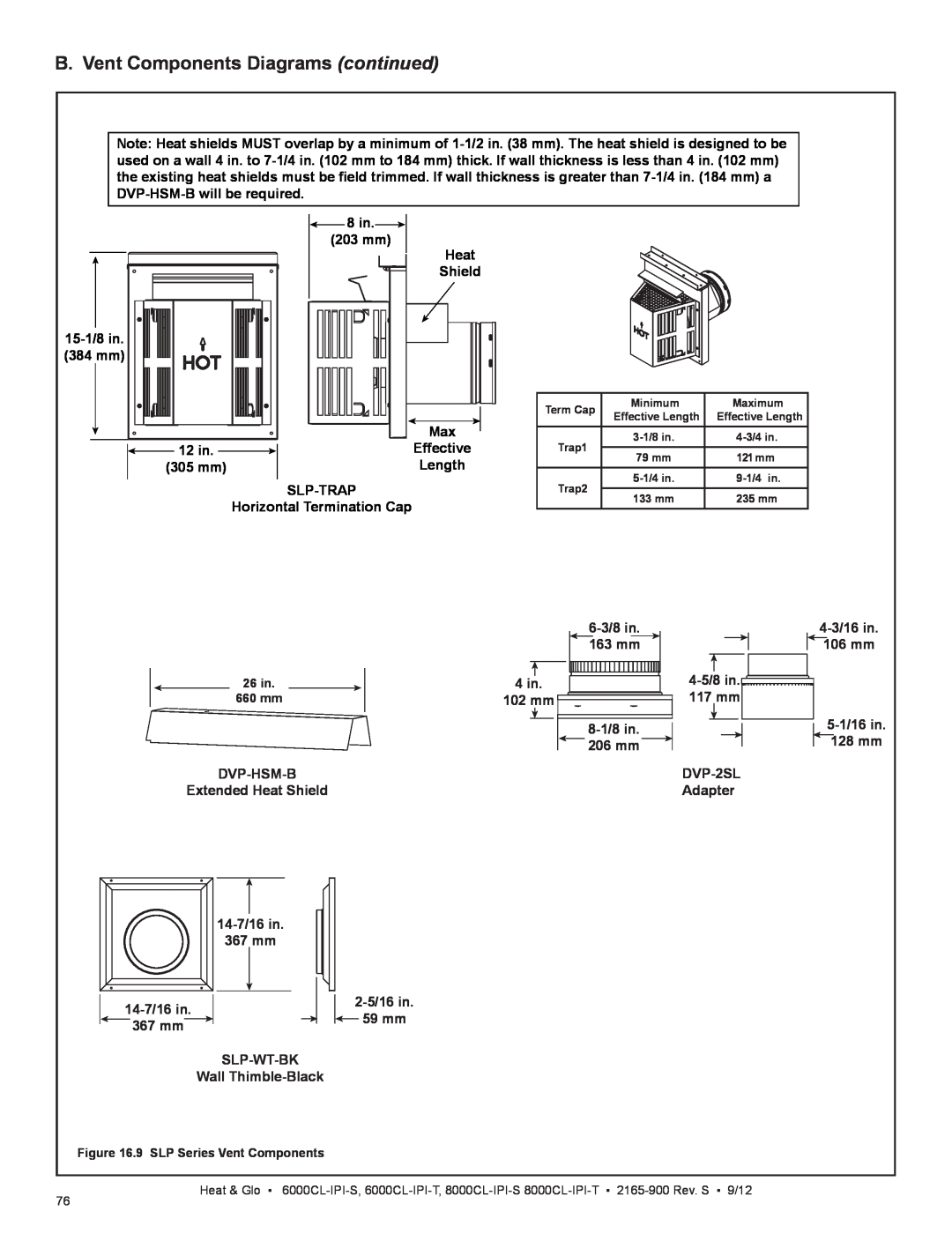 Heat & Glo LifeStyle 8000CL-IPI-S manual B. Vent Components Diagrams continued, 8 in.203 mm Heat Shield 15-1/8in 384 mm 
