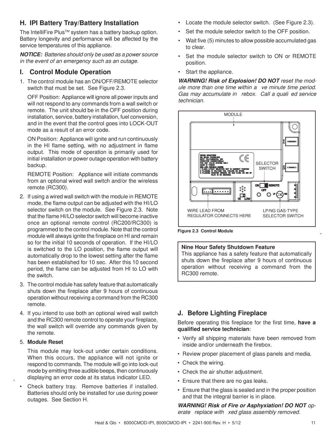 Heat & Glo LifeStyle 6000CMOD-IPI IPI Battery Tray/Battery Installation, Control Module Operation, Module Reset 